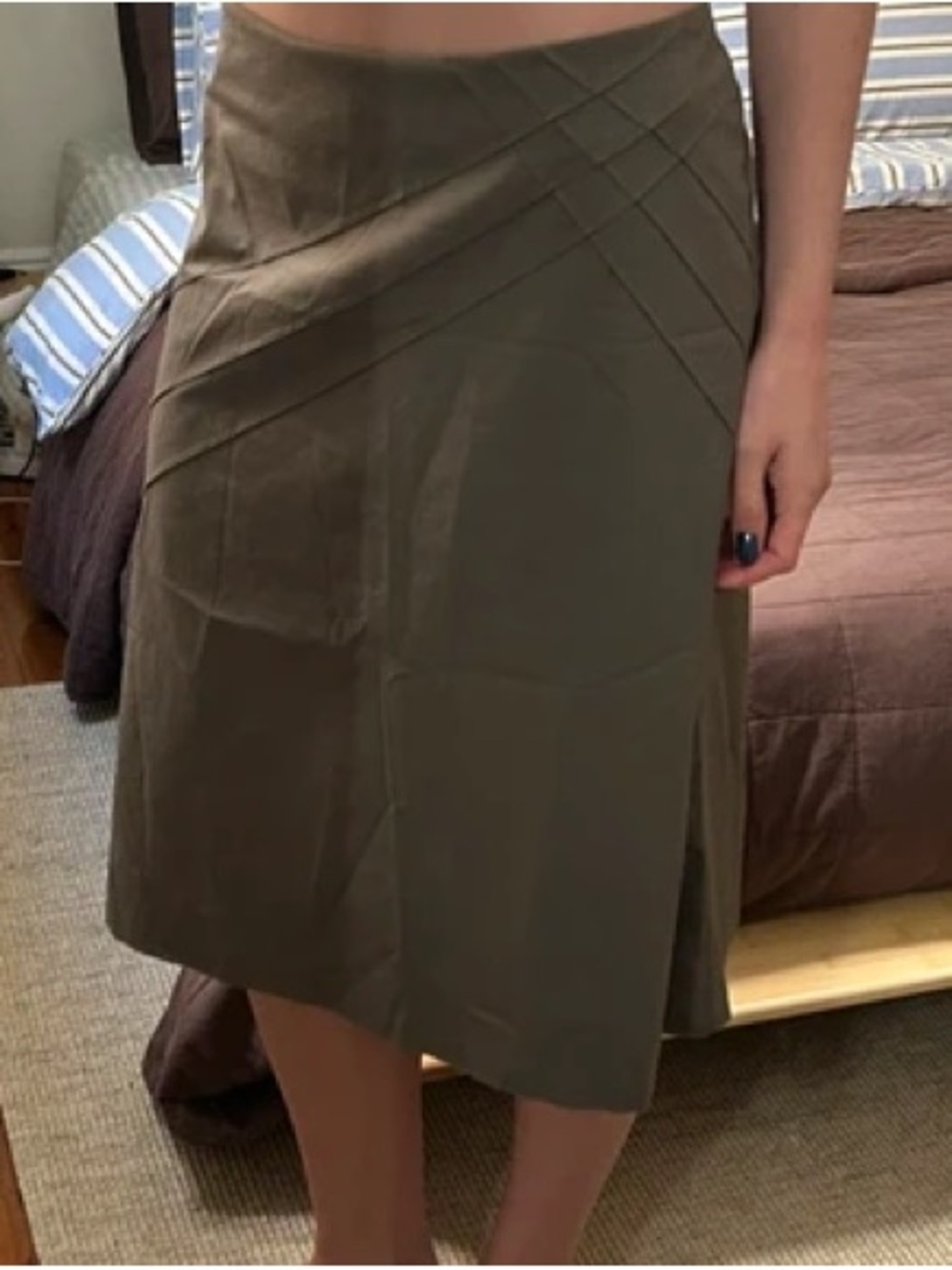 Jacqui E Olive Midi Skirt with Diagonal Panel Stitching